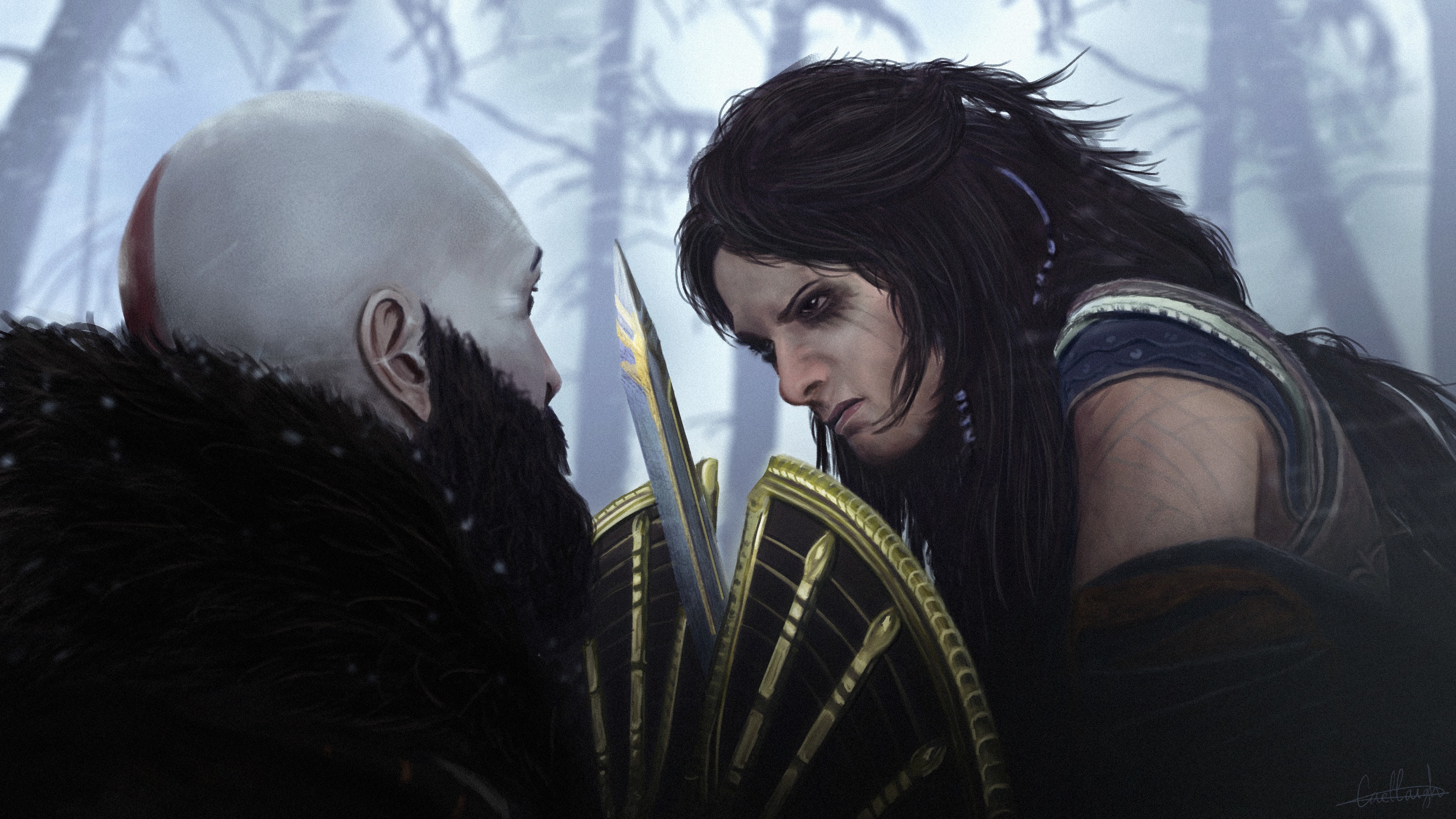 Kratos vs Freya (God of War Ragnarock - trailer study) par Caellaigh